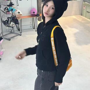 外套 小怪兽刺绣猫耳半边绒拉链衫 AM0157 25春秋新款 AIMEEWQ