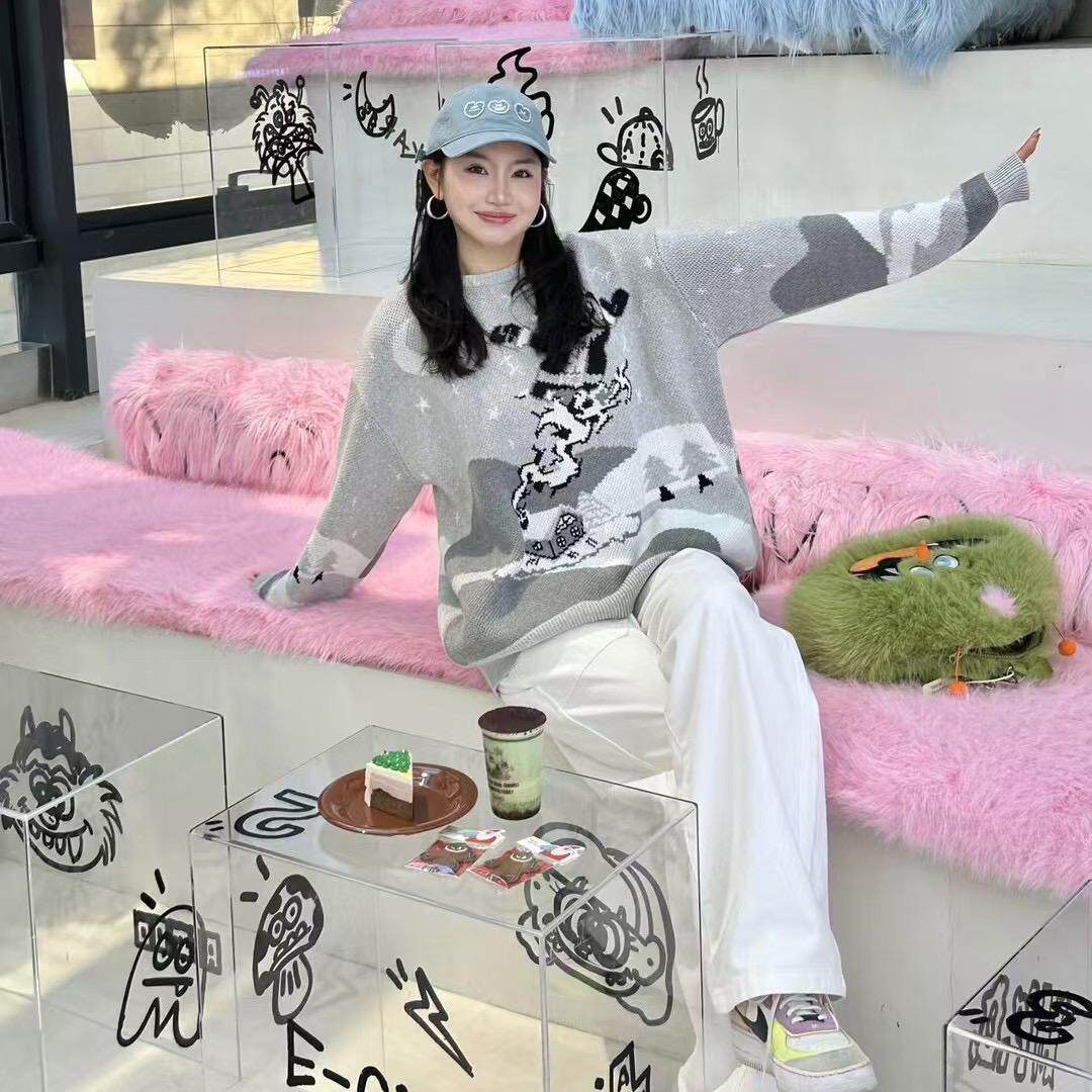 aimeewq 美式提花圆领毛衣女慵懒风宽松情侣装针织衫上衣  AM0122