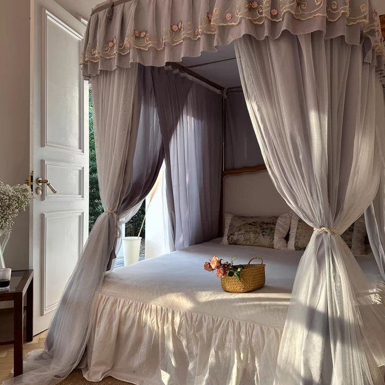绣花导轨床幔U型遮光落地双层蚊帐家用公主风三开门新款导轨蚊帐