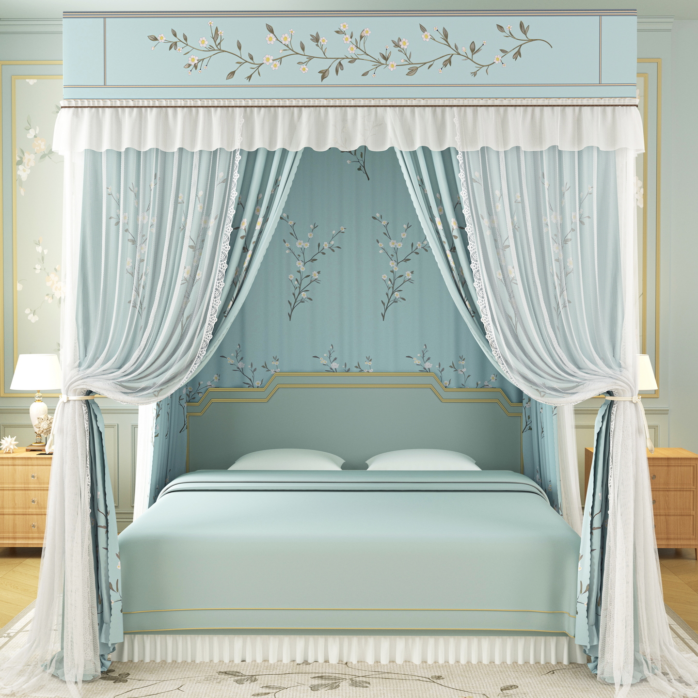 2026新款双层蚊帐三开门宫廷遮光挡风床幔中式中国风家用落地床帘