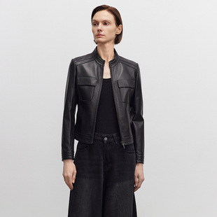 皮衣皮夹克女 绵羊皮真皮皮衣外套女立领黑色短款 海宁春季 新款