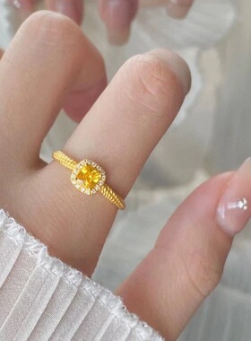 小红书同款小方糖黄钻戒指开口女款铜镀金活口微镶麻花指环新款