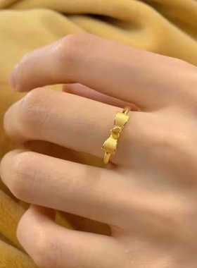 小红书同款仿黄金在逃公主戒指女轻奢时尚爱心款方形款蝴蝶结指环