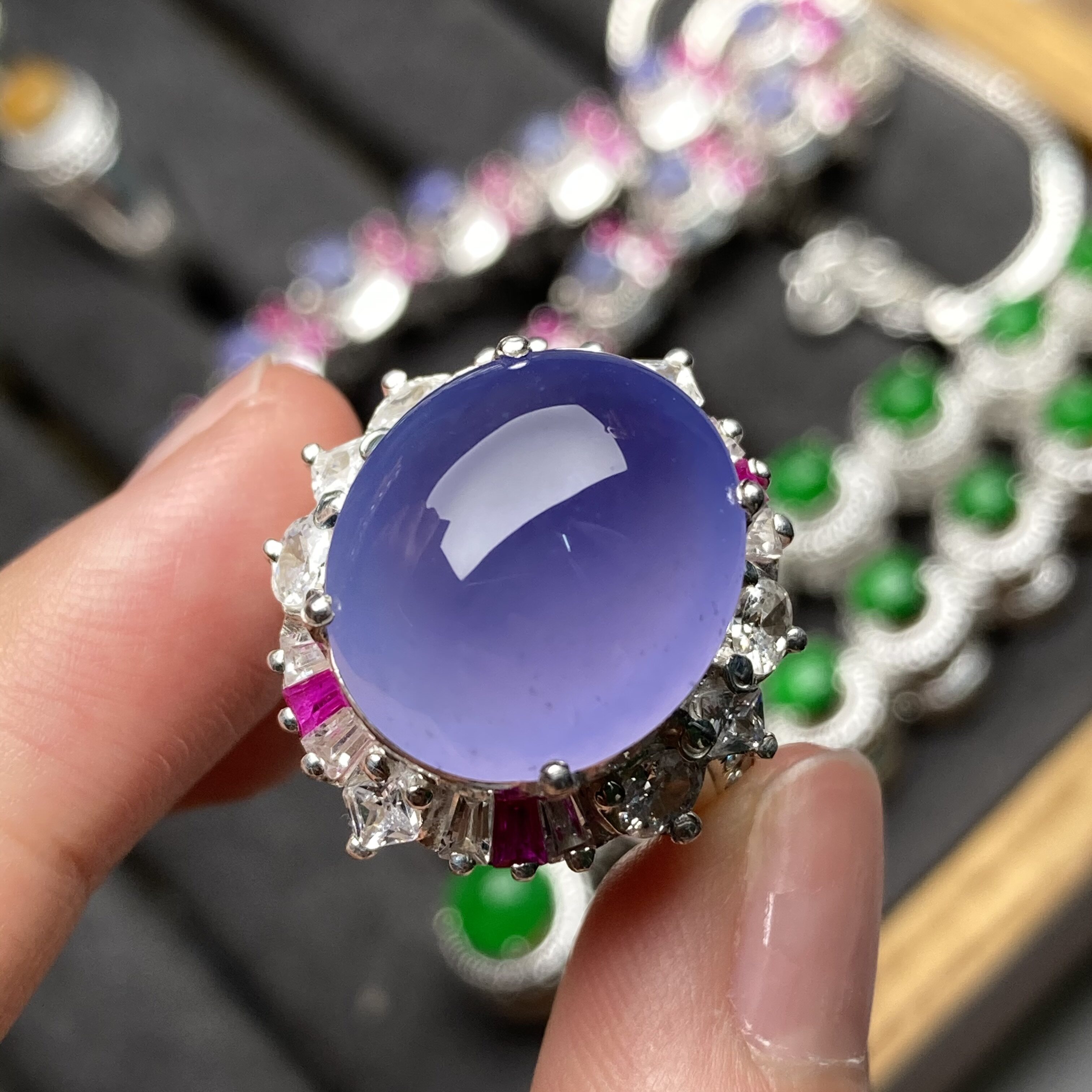 茄紫翡翠蛋面玻璃种雪花棉翡翠戒面高冰种