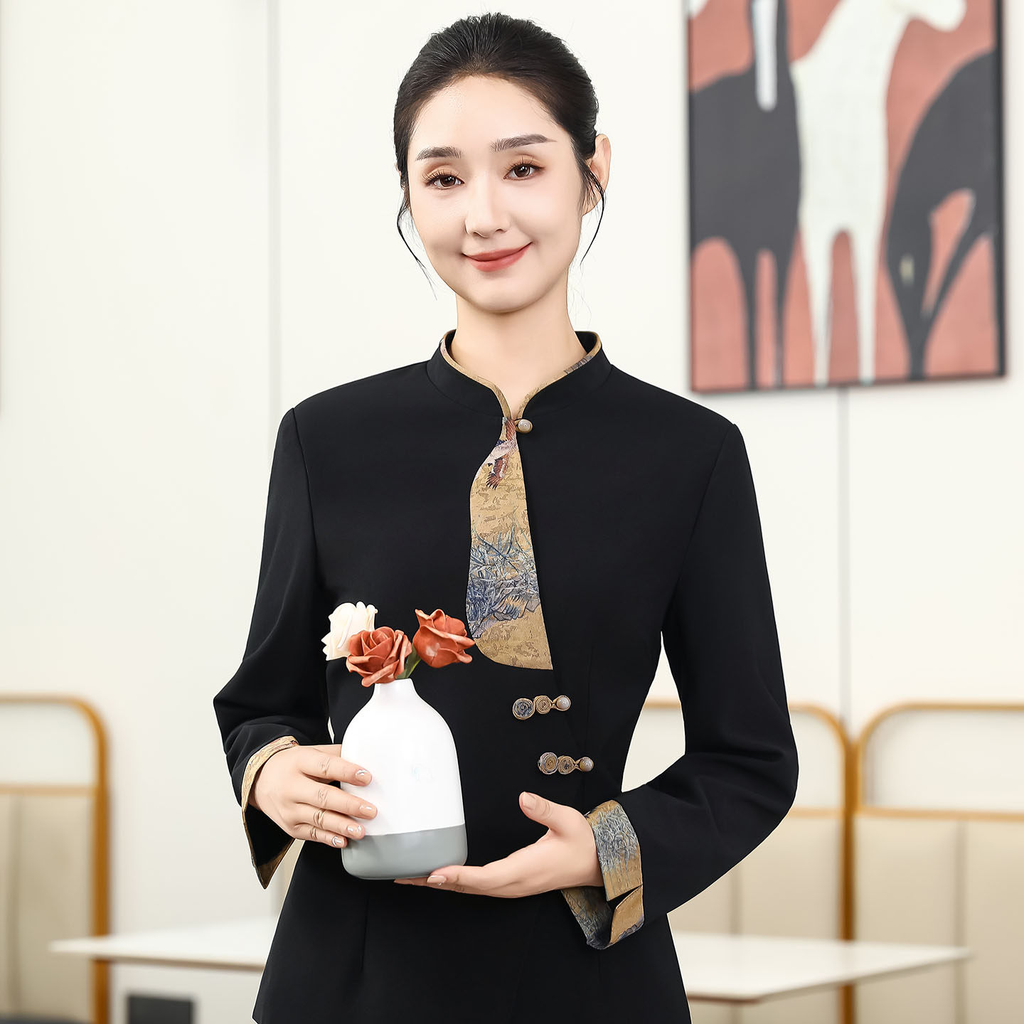 酒店服务员工作服长袖新中式国风盘扣火锅店餐饮茶楼工作服秋冬装,女装/女士精品,酒店工作制服,淘宝优惠券,粉丝福利购,淘宝优惠卷