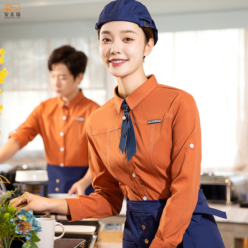 时尚餐厅服务员工作服长袖衬衣