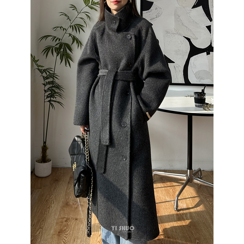 2025秋冬新款韩版深灰色立领100%双面羊毛大衣长款系带毛呢外套女,女装/女士精品,毛呢外套,淘宝优惠券,粉丝福利购,淘宝优惠卷