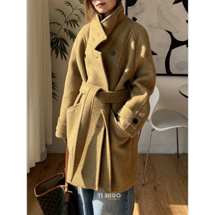 2024秋冬新款韩版高端加厚帅气黄色立领羊毛大衣灰色短款毛呢外套