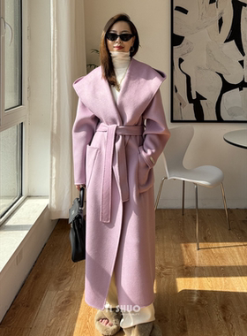 2024秋冬新款紫色连帽浴袍双面羊毛大衣长款系带灰色毛呢外套女