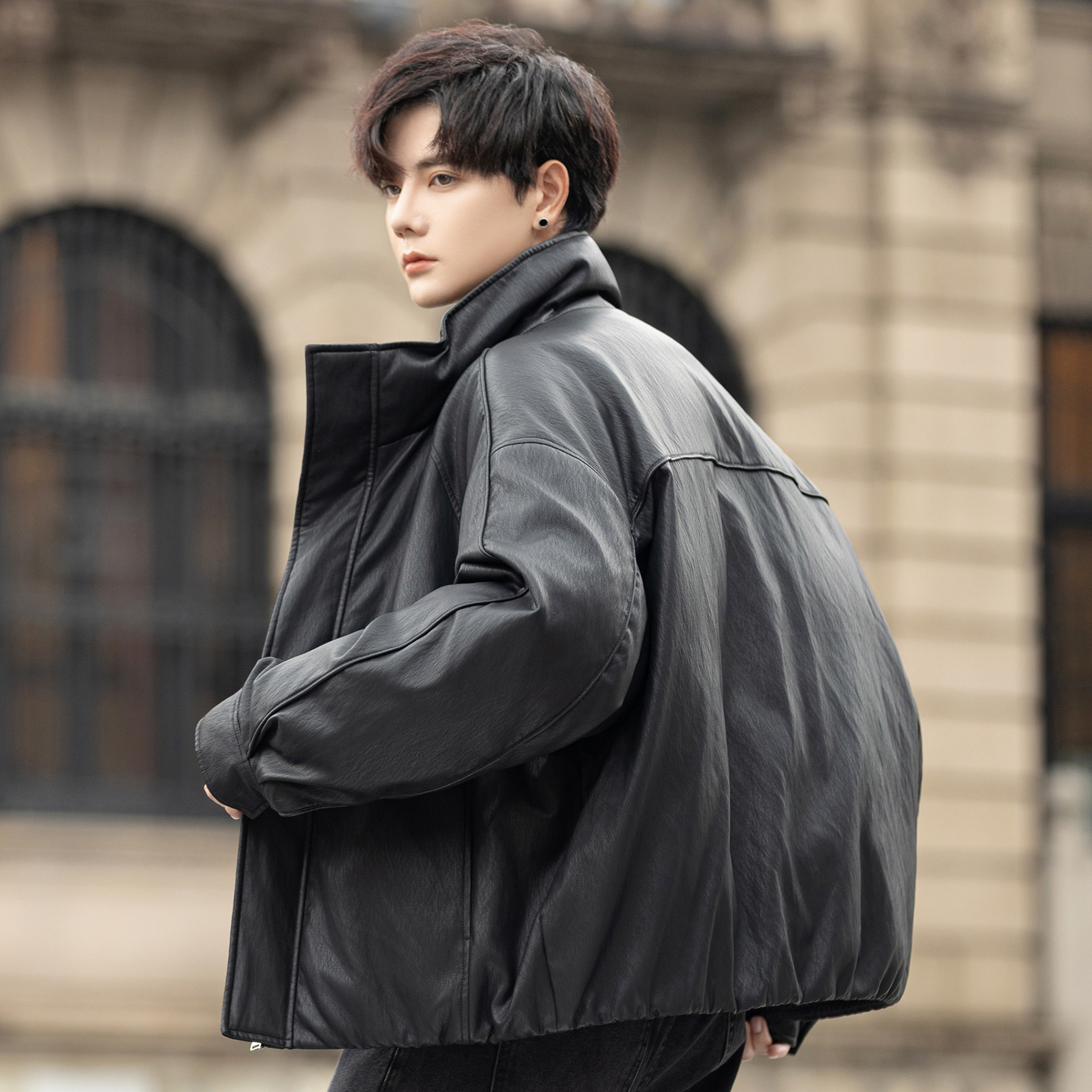 立领羽绒服男款2025新款PU软皮衣夹克保暖外套短款冬季加厚青少年