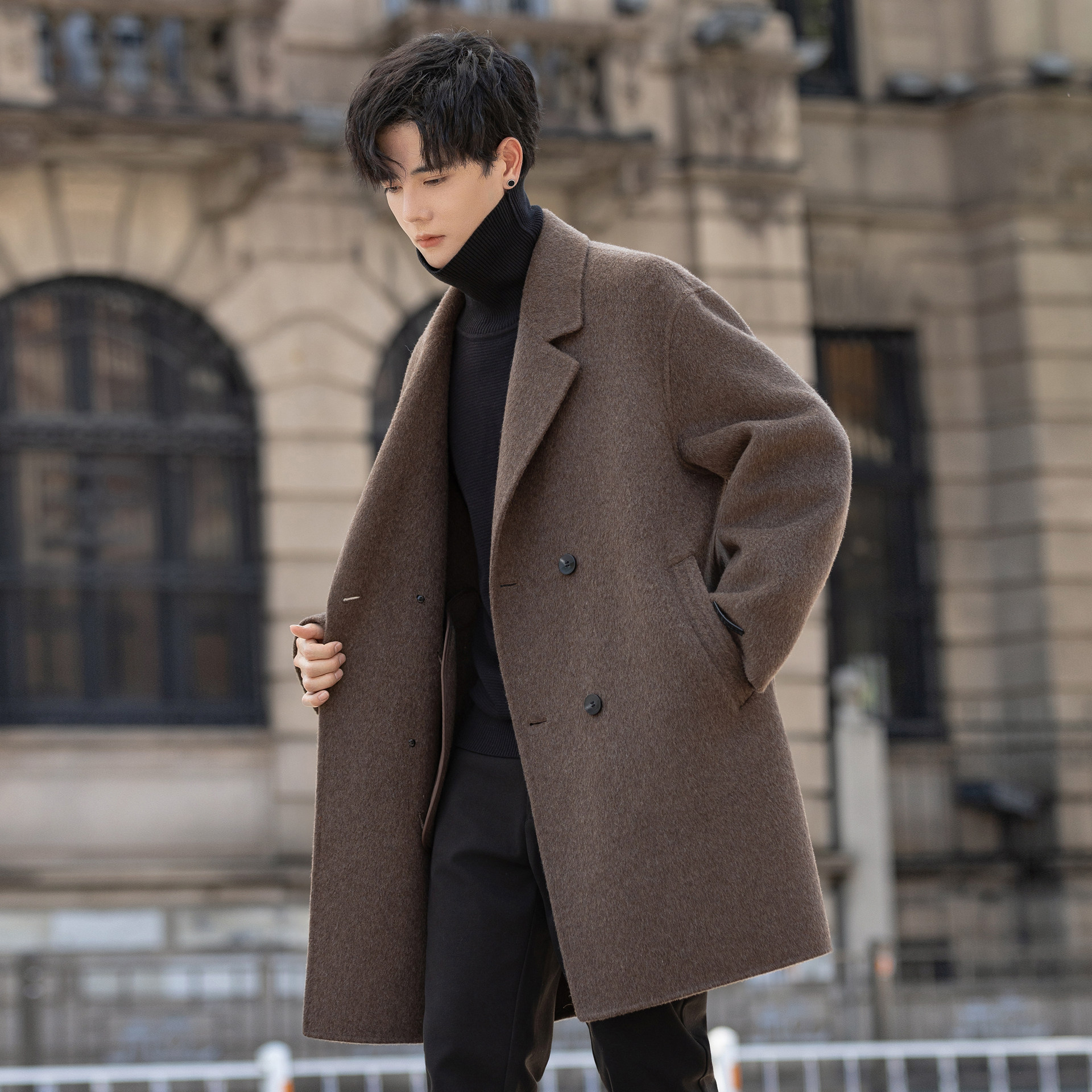 高端羊毛呢子大衣男士中长款秋冬季双面绒加厚妮子风衣外套美拉德