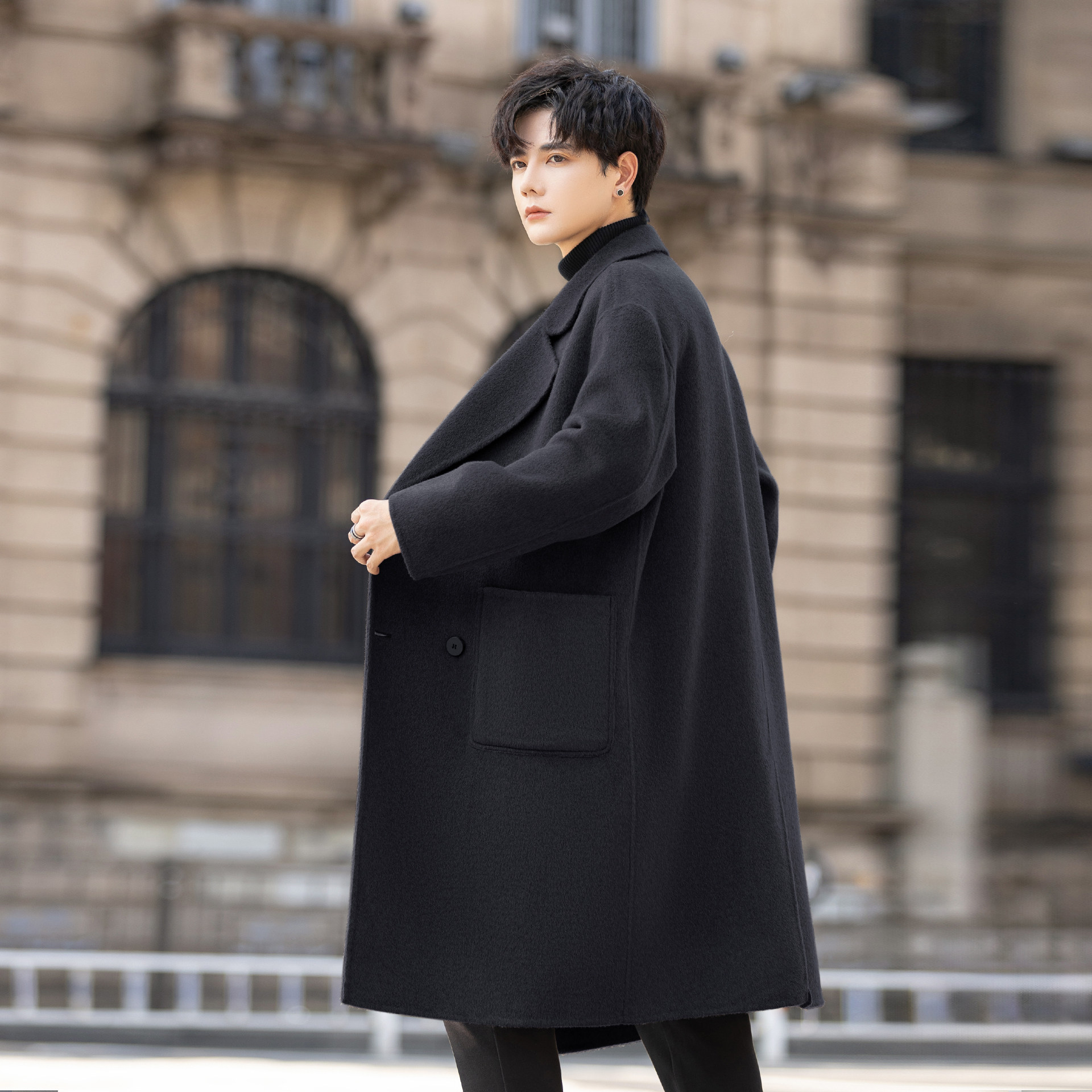 高端男士双面绒大衣中长款过膝羊毛呢子外套秋季加厚高级感韩版潮