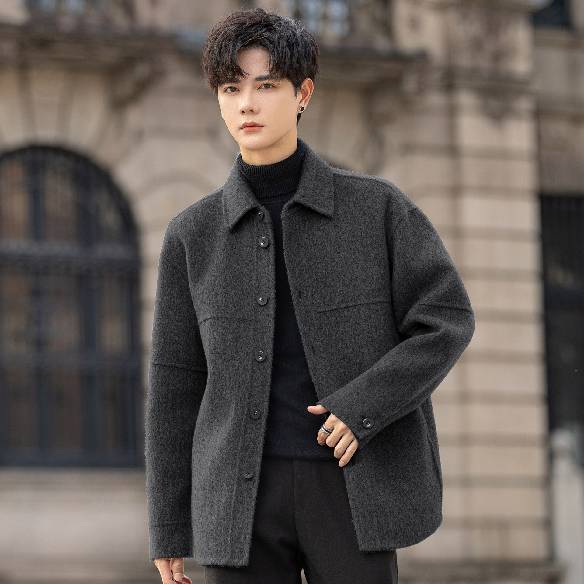 高端羊毛呢子外套男士翻领夹克2025新款秋冬短款双面绒大衣高级感,男装,毛呢大衣,淘宝优惠券,粉丝福利购,淘宝优惠卷