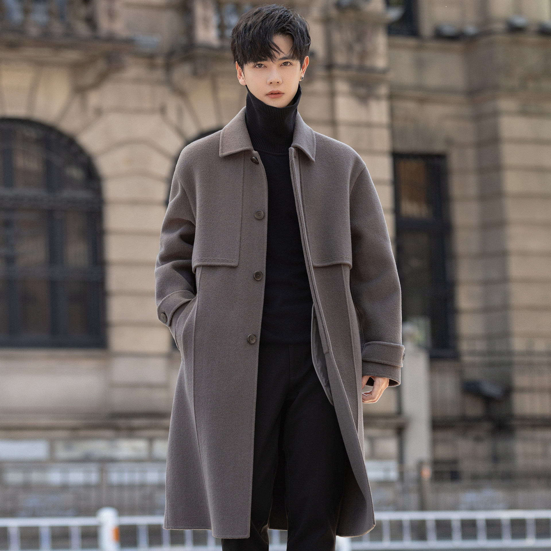 翻领男士双面羊毛绒大衣中长款过膝外套呢子风衣冬季加厚高端新款