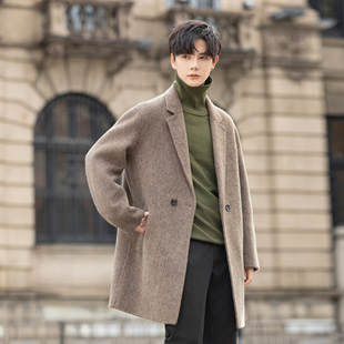 高端男士双面绒大衣中长款韩版修身秋冬季羊毛呢外套男装妮子风衣