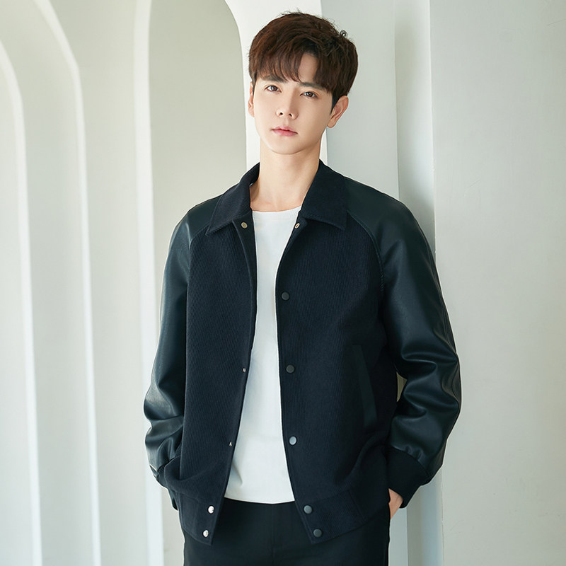 高端男士夹克外套2024新款春秋季PU皮衣男装翻领灯芯绒上衣韩版潮