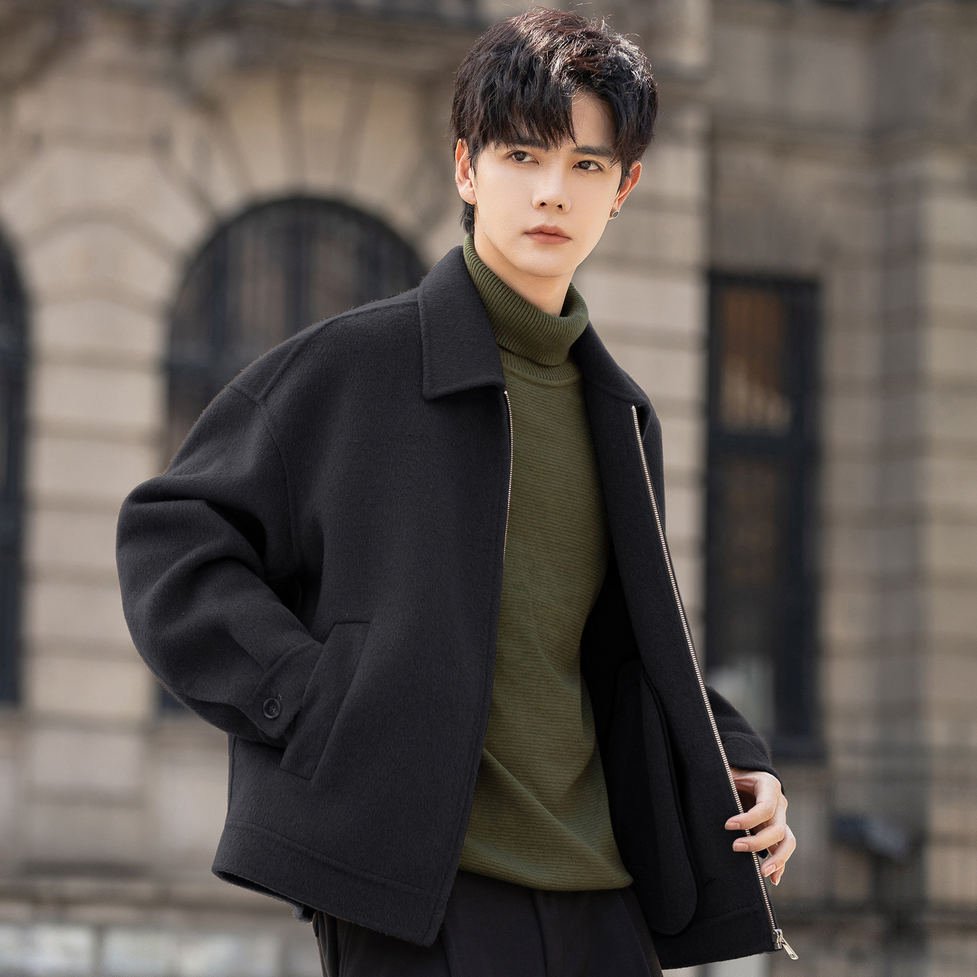 翻领羊毛呢子外套男士夹克2025新款高级感双面绒大衣短款秋冬拉链