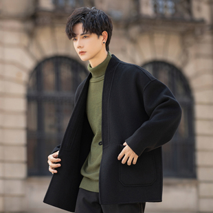 新中式V领100纯羊毛呢子外套男士双面绒大衣冬季短款夹克2025新款
