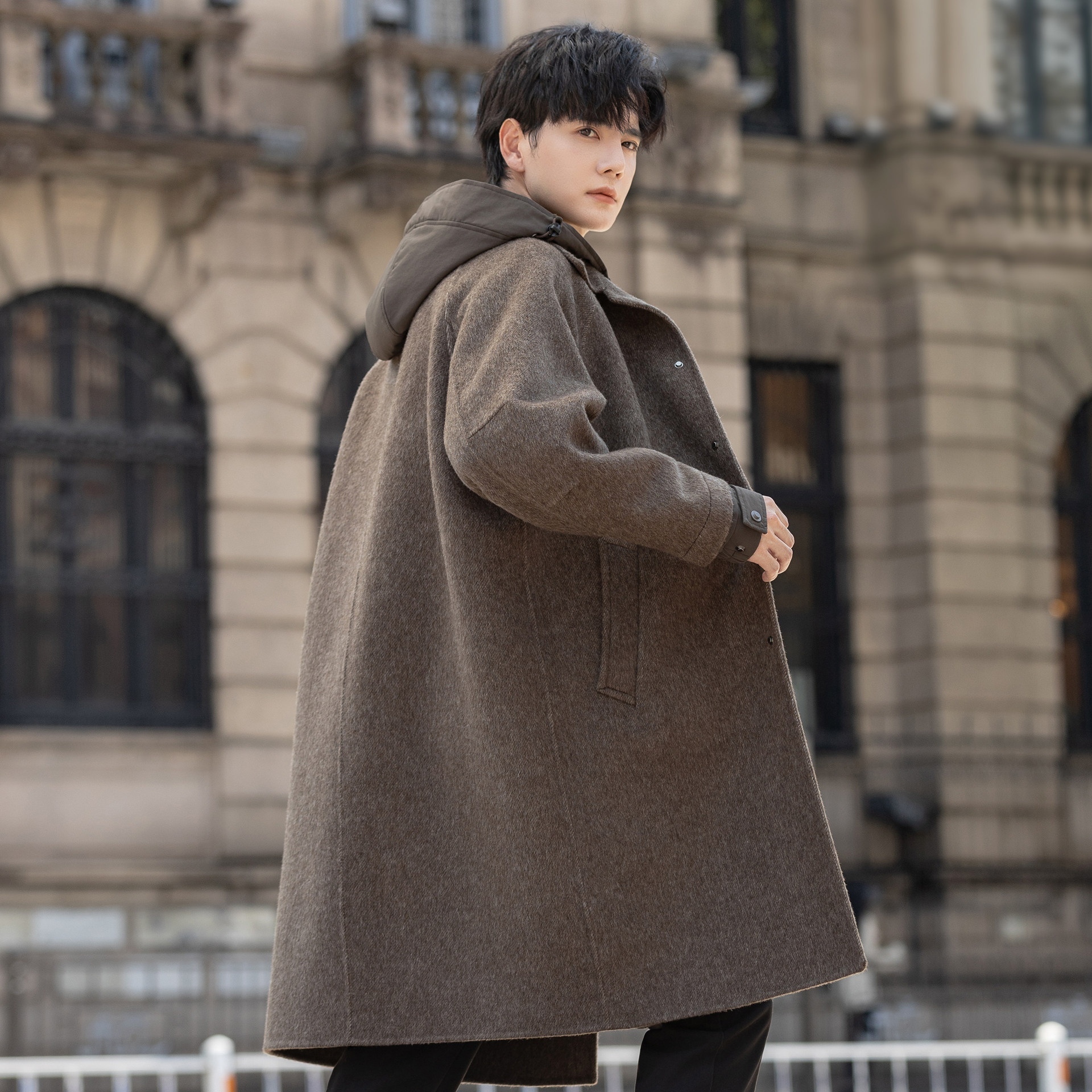 高端连帽大衣男士羊毛呢子外套中长款高级感秋冬季加厚双面绒风衣,男装,毛呢大衣,淘宝优惠券,粉丝福利购,淘宝优惠卷