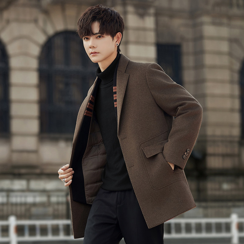 男士羊毛呢大衣中长款秋冬季商务休闲双面绒风衣呢子外套加绒加厚