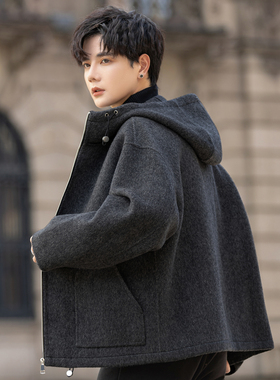 连帽100纯羊毛呢子外套男士双面绒夹克2026秋冬季新款短款青少年