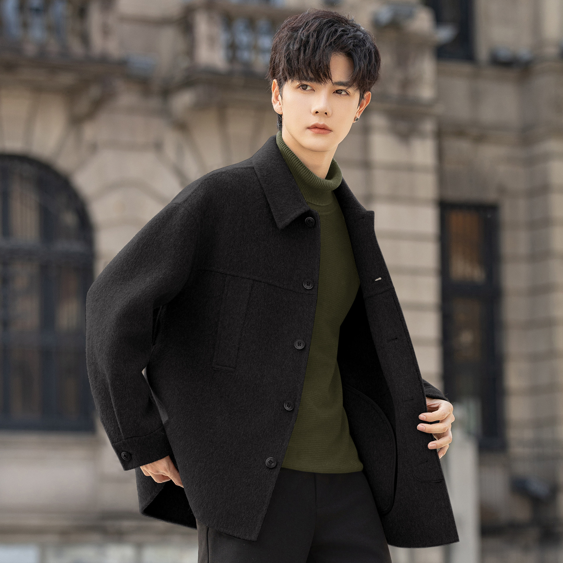 高端绵羊毛呢子外套男士双面绒大衣短款2025新款秋冬季翻领夹克潮