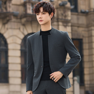 新中式中山装男士西服外套痞帅休闲立领小西装套装青少年结婚新郎