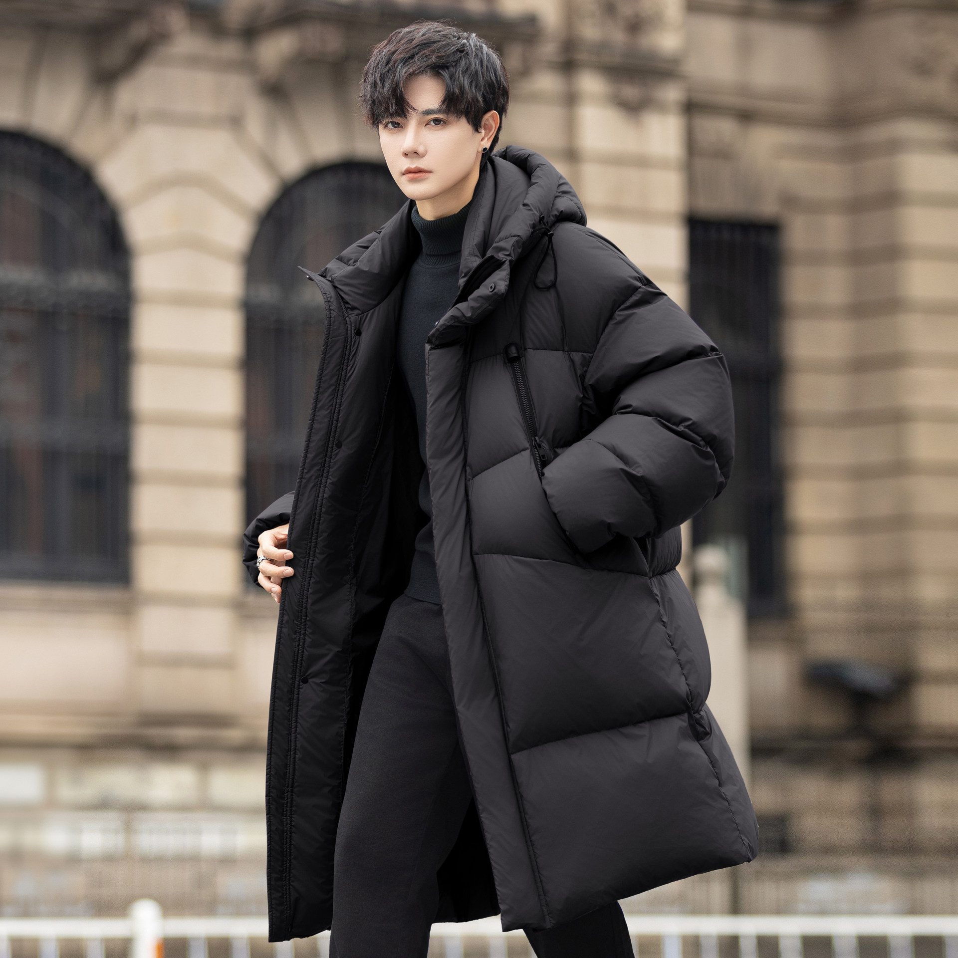 高充绒量连帽羽绒服男士中长款冬季加厚2025新款外套大学生青少年