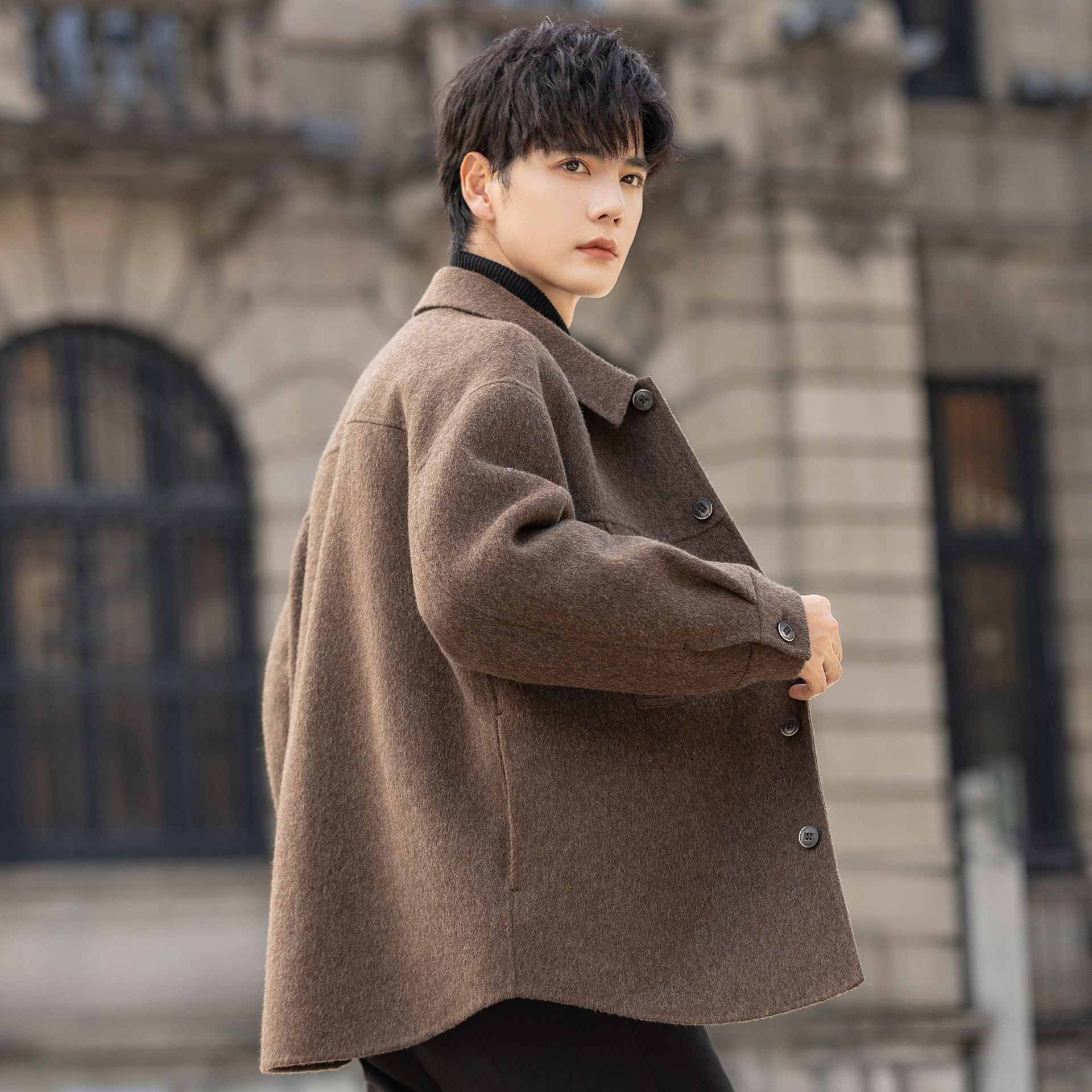 高端绵羊毛呢子外套男士双面绒大衣短款2025新款秋冬季翻领夹克潮,男装,毛呢大衣,淘宝优惠券,粉丝福利购,淘宝优惠卷