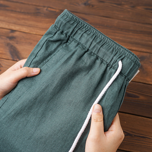 纯亚麻休闲宽松九分裤 日系纯色简约轻薄透气直筒裤 薄款 墨绿色夏季