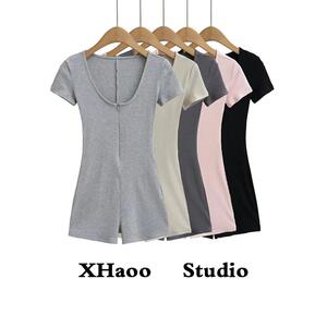 XHaoo性感辣妹V领短袖弹力包臀连体衣女半拉链舞蹈健身运动瑜伽服