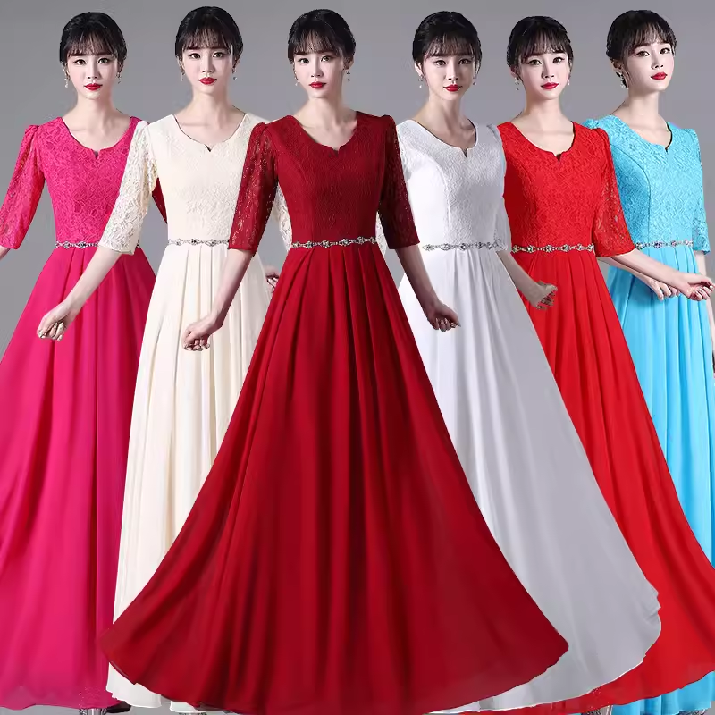 大合唱團(tuán)演出服女長(zhǎng)裙新款中老年長(zhǎng)款合唱團(tuán)表演舞臺(tái)服禮服裙成人