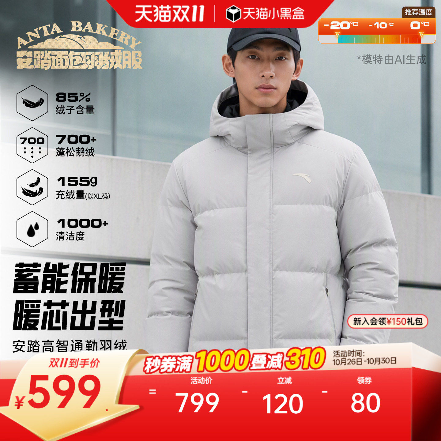 安踏六度芯丨85鹅绒短款羽绒服男士冬季新款拒水防风防寒棉服外套