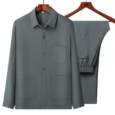 中老年衬衫长袖棉麻套装男爸爸