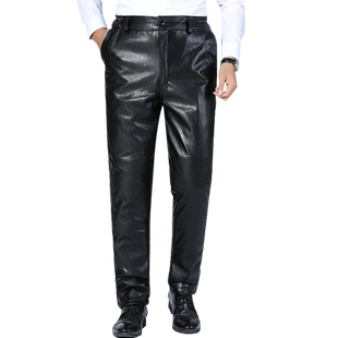 爸爸冬装皮裤加绒加厚保暖防风防水中老年休闲机车裤老人直筒裤子