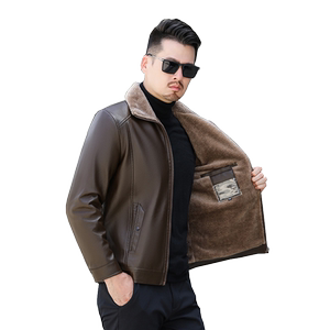 中年男士皮衣秋冬加绒加厚爸爸冬装皮毛一体外套中老年人PU皮夹克