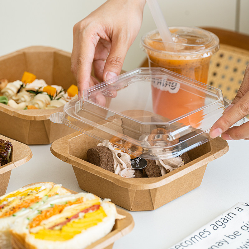 一次性牛皮纸餐盒外卖果切盒水果打包盒甜品轻食沙拉八角便当纸碗