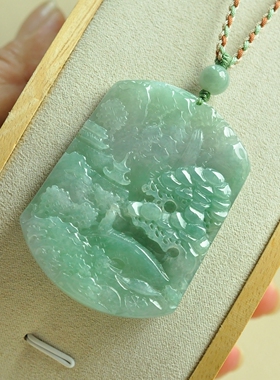 缅甸A货翡翠冰蓝绿正装山水牌