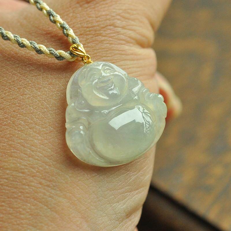 k23老坑冰种白冰小佛公天然缅甸A货翡翠18K真黄金镶嵌吊坠玉坠