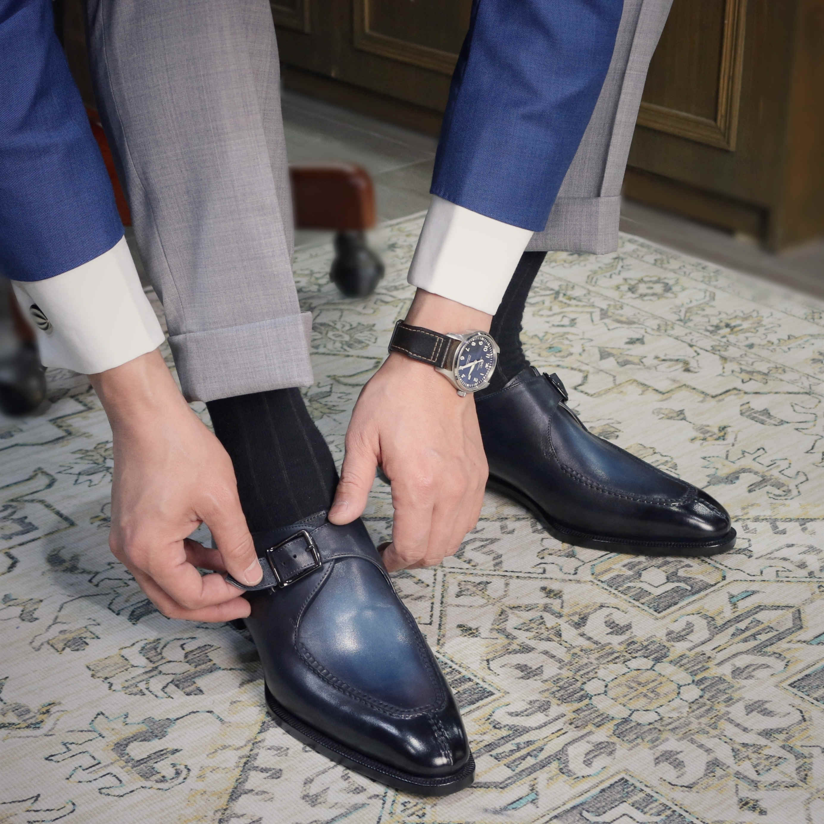 高端定制孟克鞋固特异挑缝男鞋