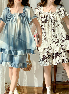 夏季特大码冰丝睡衣女款宽松薄款短袖学生冰凉感家居服套装可外穿