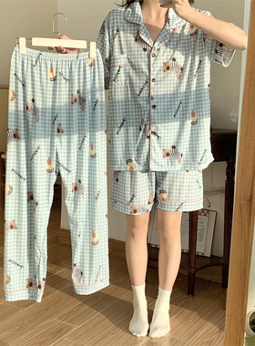 新款超大码三件套短袖冰丝睡衣女