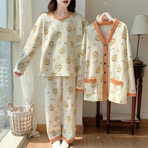 三件套超大码夹层卡通睡衣女秋冬