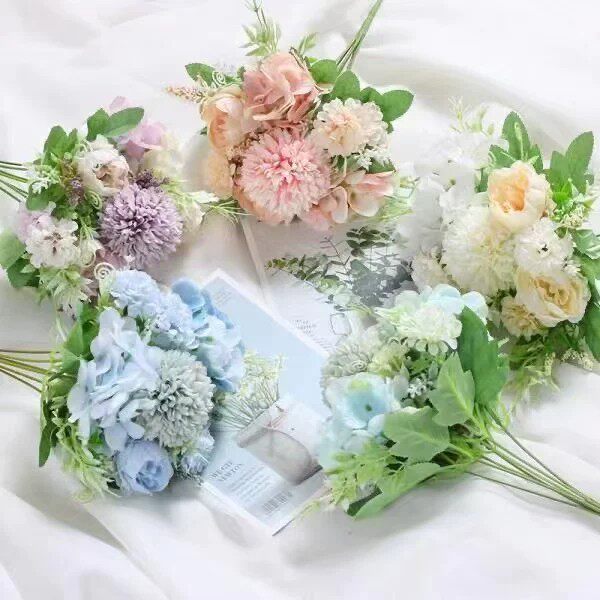 北欧7叉绣球玫瑰婚礼摄影道具仿真玫瑰婚庆手捧花束 家居装饰花艺