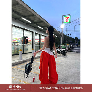 0122stepll 西海岸落日 橘色低腰松垮工装裤女休闲宽松收口阔腿裤