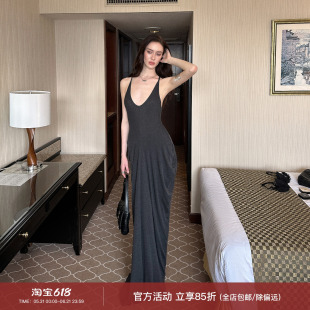 0122stepll希腊美神 灰色V领吊带连衣裙女夏辣妹收腰显瘦包臀长裙