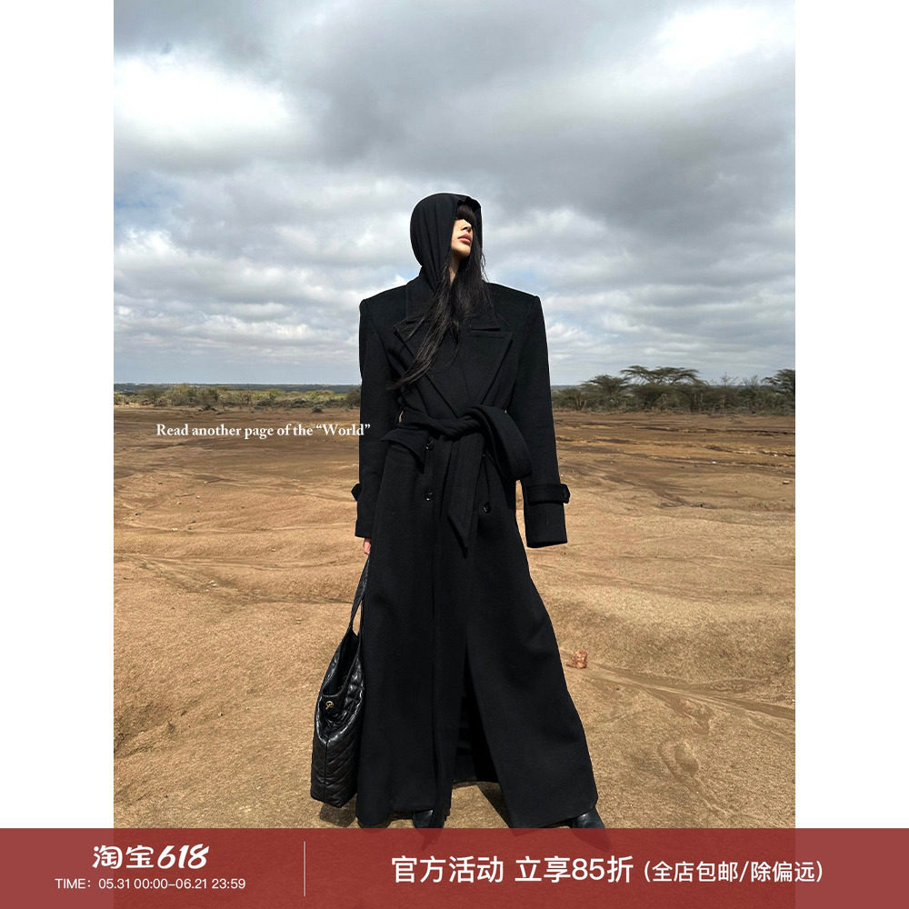 0122stepll经典升级黑色羊毛大衣女冬高个子收腰气质长款毛呢外套