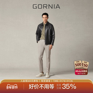 GORNIA/格罗尼雅男士皮衣黑色休闲翻领外套质感百搭时尚挺括上衣