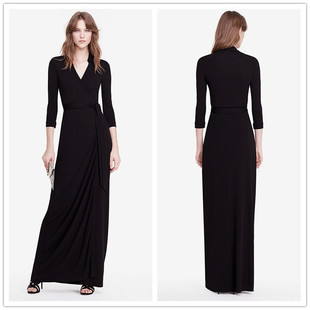 d*f裹身裙2025夏季新款黑色修身显瘦长款长裙有领七分袖连衣裙女