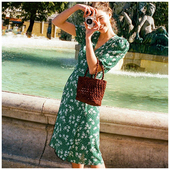 ins法式 少女复古碎花D家连衣裙夏雪纺一片式 系带裹裙茶歇裙